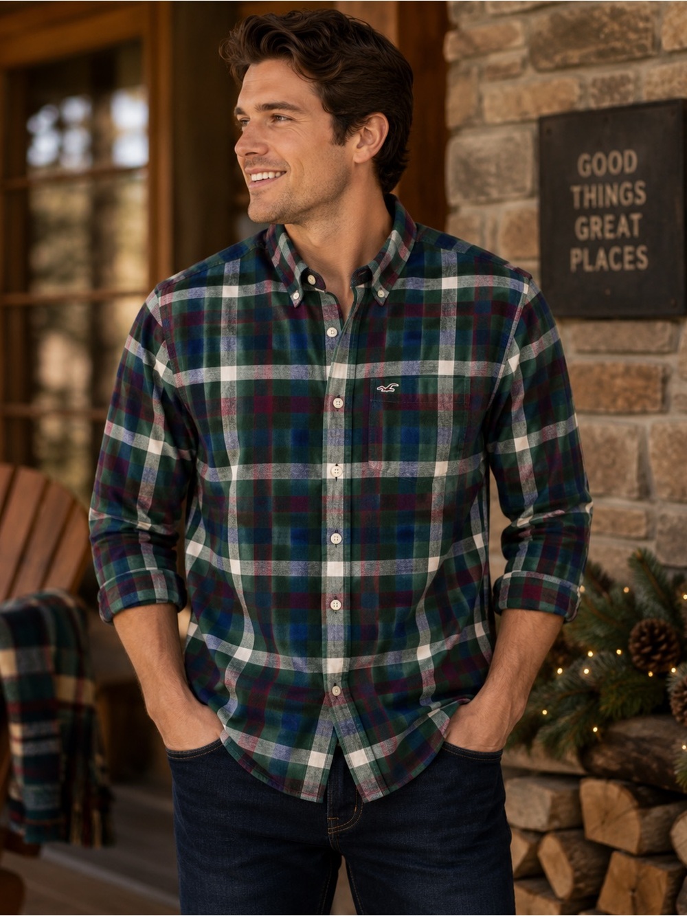 Hollister Men’s Plaid Button Down Shirt Green Blue Burgundy Stretch Cotton Size